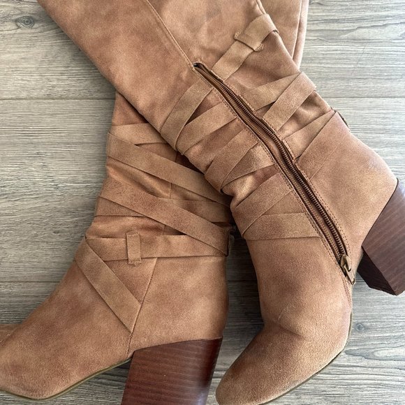 Report Shoes - Report Thora Zip Up Thigh/Knee High Leather Bonded Wood Heeled Women's Boots
